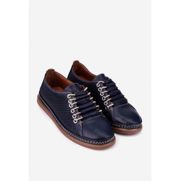 Pantofi bleumarin din piele cu siret elastic