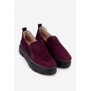 Pantofi dama burgundy din piele intoarsa cu talpa inalta