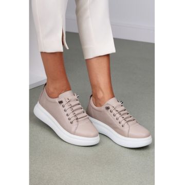 Pantofi dama taupe din piele cu siret elastic