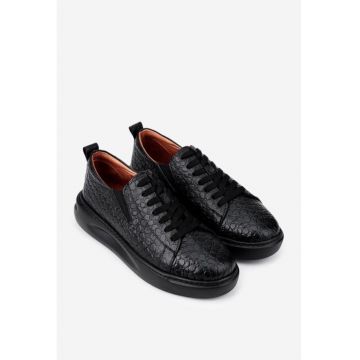 Pantofi negri din piele croco cu elastic in laterale