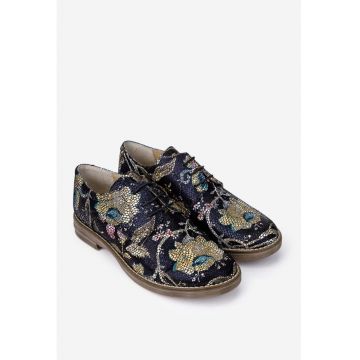 Pantofi dama Oxford negri din piele cu model floral multicolor